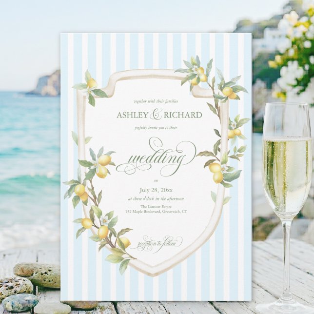 Convites Elegant Mediterranean Lemon Wedding Invitation (Mediterranean citrus lemon pale blue white coastal stripe wedding invitation with calligraphy script)