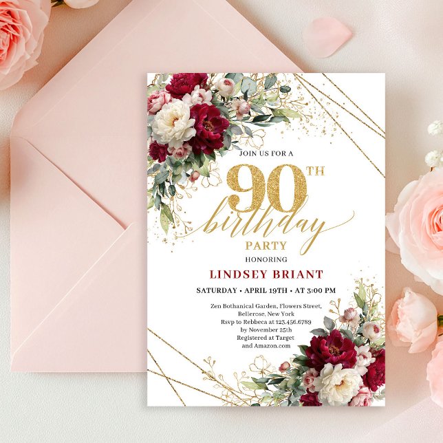 Convites Elegant Merlot Rose Gold 90th Birthday Invite (Elegant Merlot Rose Gold 90th Birthday Invite)