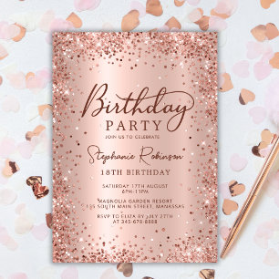 Convites Elegant Metal Rosa Dourado Glitter 18º Aniversário