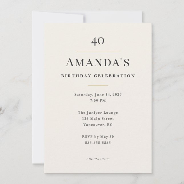 Convites Elegant Minimal 40th Birthday Celebration (Frente)