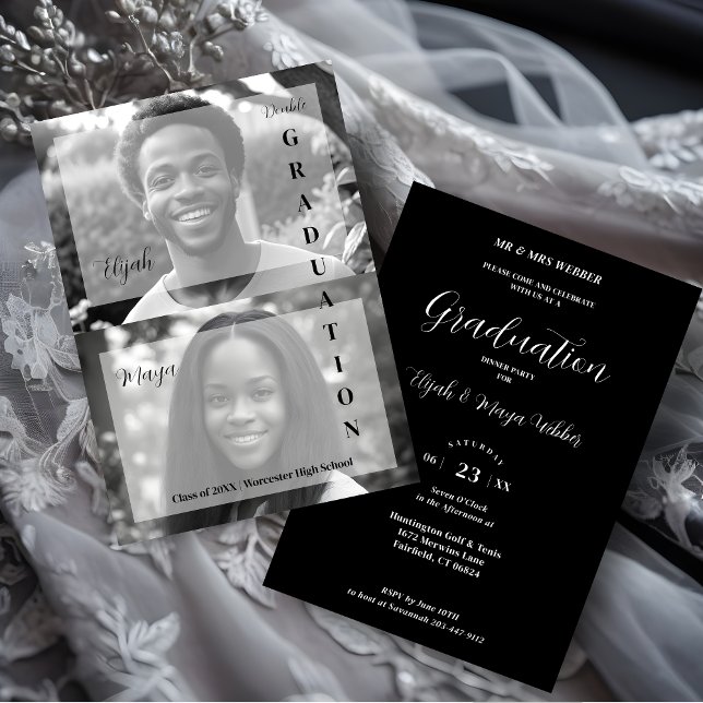 Convites Elegant Minimal Black & White 2 Photos Double Grad (Elegant Minimal Black & White 2 Photos Double Graduation Invitation Card. )