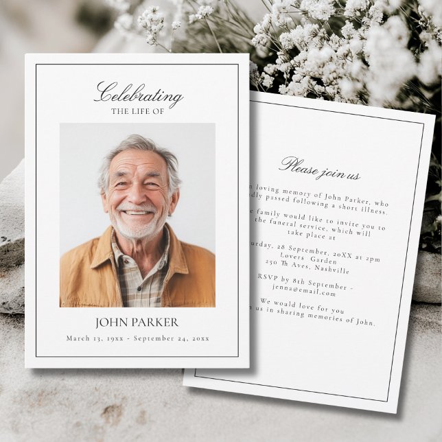 Convites Elegant Minimal Celebration of Life Funeral Photo  (Elegant Minimal Celebration of Life Funeral Photo Invitation)