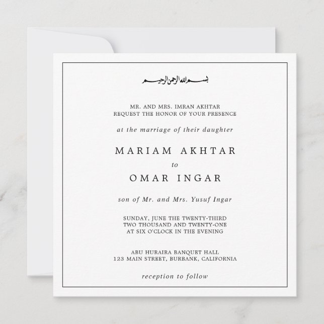 Convites Elegant Minimalist Black and White Muslim Wedding (Frente)