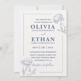 Convites Elegant Minimalist Blue Floral Sketch Wedding