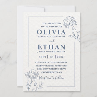 Convites Elegant Minimalist Blue Floral Sketch Wedding