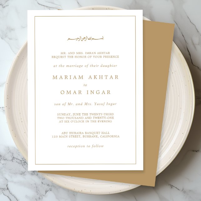 Convites Elegant Minimalist Border Gold Muslim Wedding (Criador carregado)