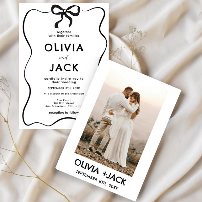 Convites Elegant Minimalist Bow Hand Drawing Photo Wedding (Criador carregado)