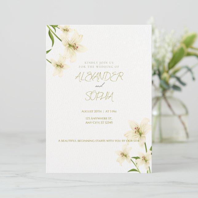 CONVITES ELEGANT MINIMALIST LILY WEDDING INVITATION  (Em pé/Frente)