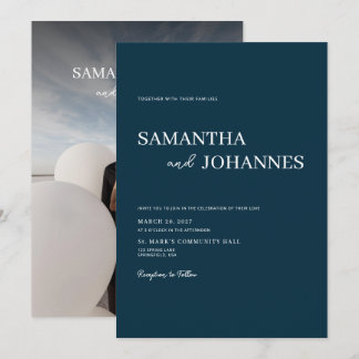 Convites Elegant Minimalist Modern Blue Photo Wedding