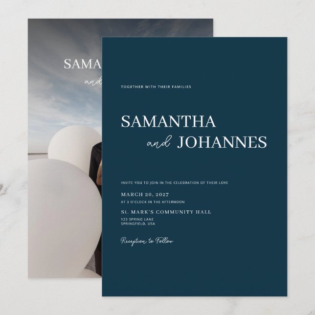 Convites Elegant Minimalist Modern Blue Photo Wedding (Frente/Verso)