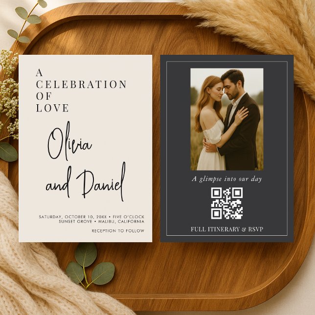 Convites Elegant Minimalist Script Photo QR Code Wedding (Criador carregado)