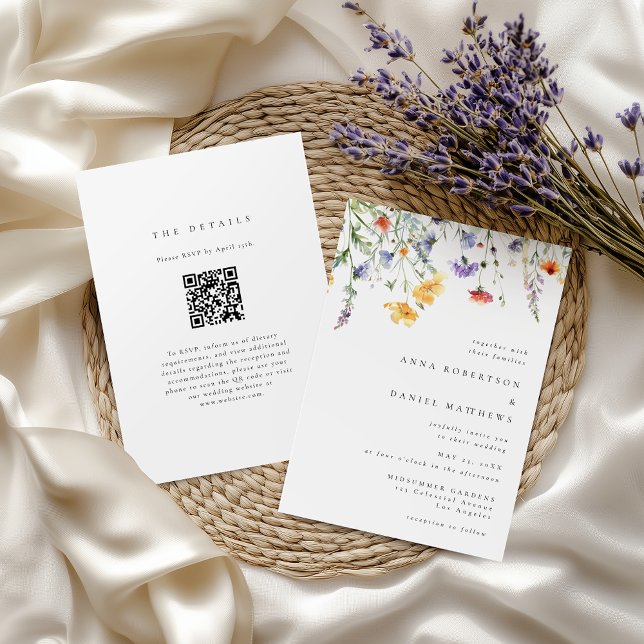 Convites Elegant Minimalist Wildflower QR Code Wedding (Criador carregado)