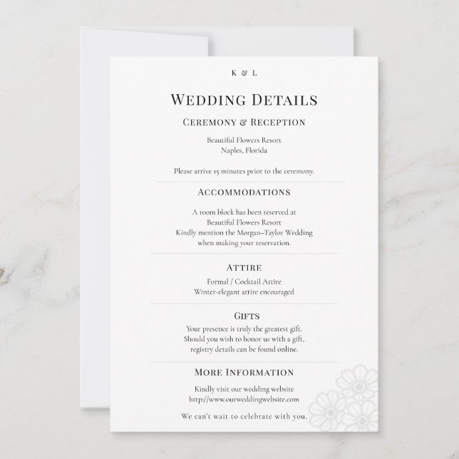Convites Elegant Minimalist Winter Wedding Details Card (Frente)