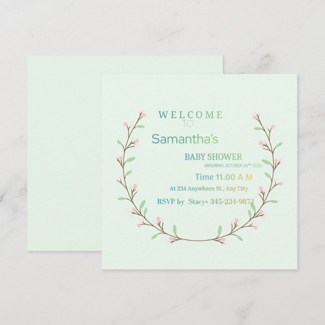 Convites Elegant Mint Green Botanical Baby Shower  (Frente/Verso)