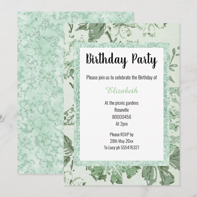 Convites ELEGANT Mint Green Marble Floral Glitter Aniversár (Frente/Verso)