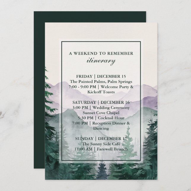 Convites Elegant Misty Mountain Forest Itinerary Card (Frente/Verso)