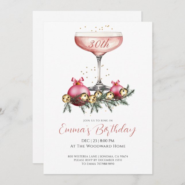 Convites Elegant Modern 30th Christmas Birthday Party (Frente/Verso)
