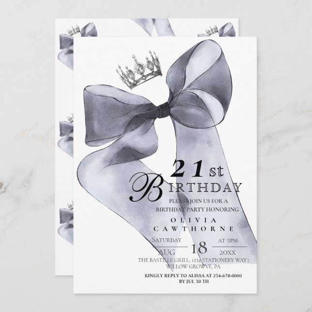 Convites Elegant Modern Black Bow Birthday Party  (Frente/Verso)