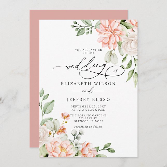 Convites Elegant Modern Blush White Floral Wedding (Frente/Verso)