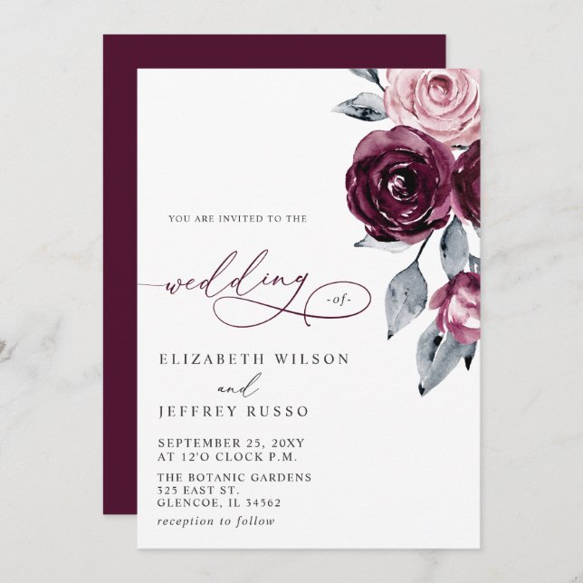 Convites Elegant Modern Burgundy Floral Wedding (Frente/Verso)