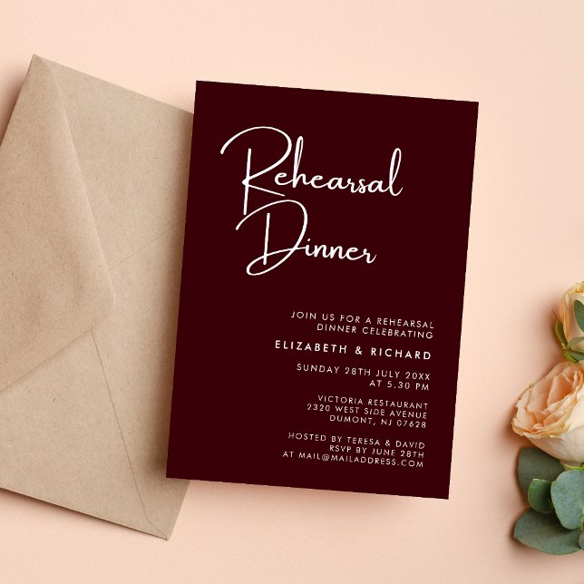 Convites Elegant & Modern Burgundy Rehearsal Dinner (Criador carregado)