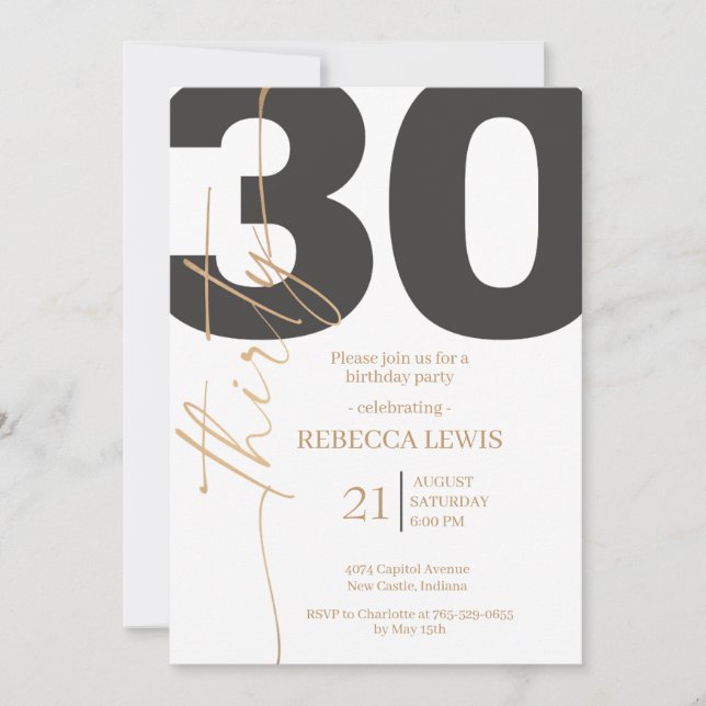 Convites Elegant Modern Calligraphy 30 Adult Birthday (Frente)