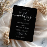 Convites Elegant Modern Calligraphy Black & White Wedding<br><div class="desc">This sophisticated custom wedding invitation design exudes timeless elegance with its classic black and white aesthetic. Graceful script typography announces the joyous occasion, beautifully complemented by refined serif and clean sans-serif fonts for all essential celebration details. The striking monochromatic palette and balanced layout create a chic, minimalist appeal, perfect for...</div>