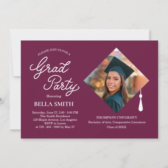 Convites Elegant Modern Calligraphy Photo Graduation Party (Frente)