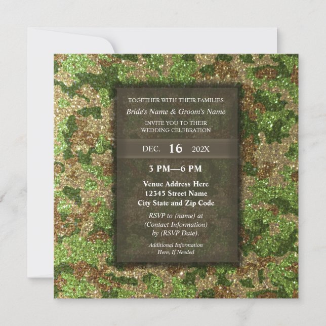 Convites Elegant Modern Glitter Camouflage Military Wedding (Frente)