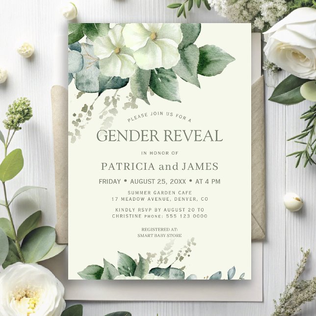 Convites Elegant modern greenery gender reveal baby shower (Criador carregado)