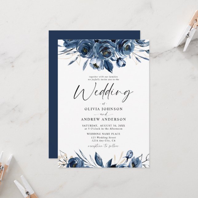 Convites Elegant Modern Navy Blue and Silver Floral Wedding (Frente/Verso In Situ)