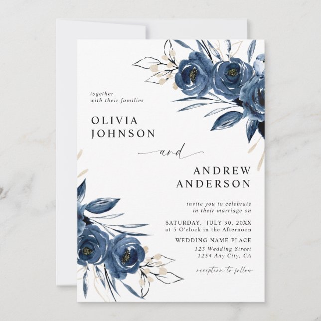 Convites Elegant Modern Navy Blue Floral Wedding (Frente)