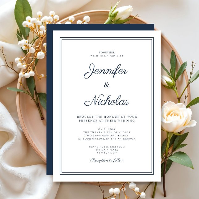 Convites Elegant Modern Navy Blue Script Wedding (Elegant Modern Navy Blue Script Wedding Invitation)