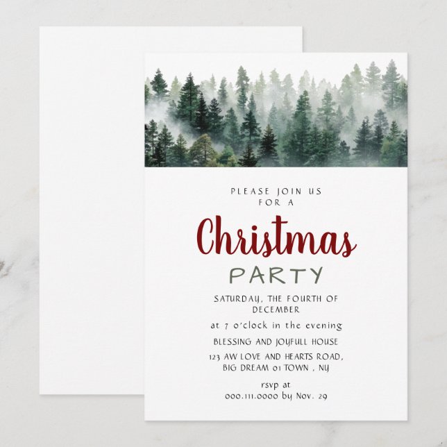 Convites Elegant Modern Pine Forest Christmas Party (Frente/Verso)