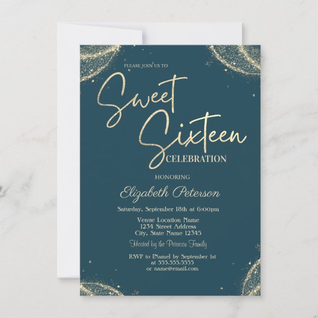 Convites Elegant Modern Simple Gold Glitter  Sweet 16  (Frente)