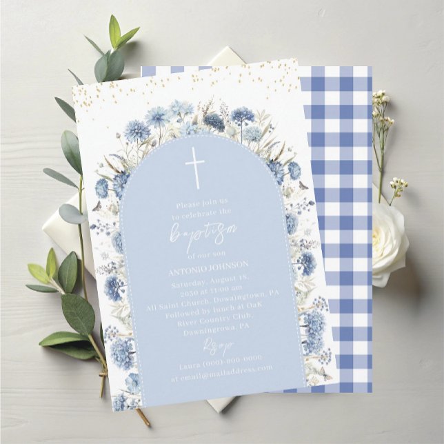 Convites Elegant Modern Watercolor Blue Flowers Baptism (Criador carregado)