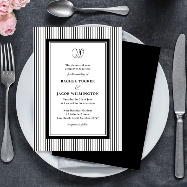 Convites Elegant Monogram Black & White Striped Wedding (Criador carregado)