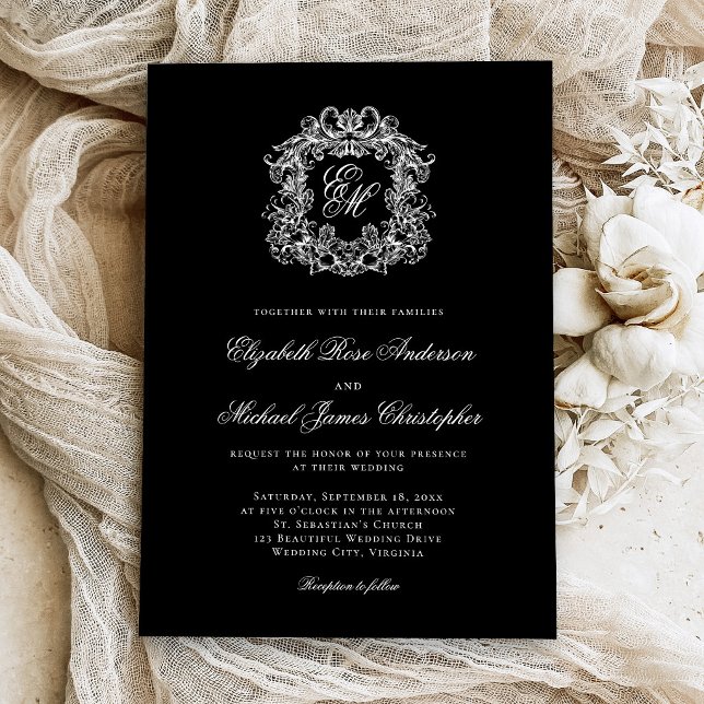 Convites Elegant Monogram Crest Black Wedding (Criador carregado)