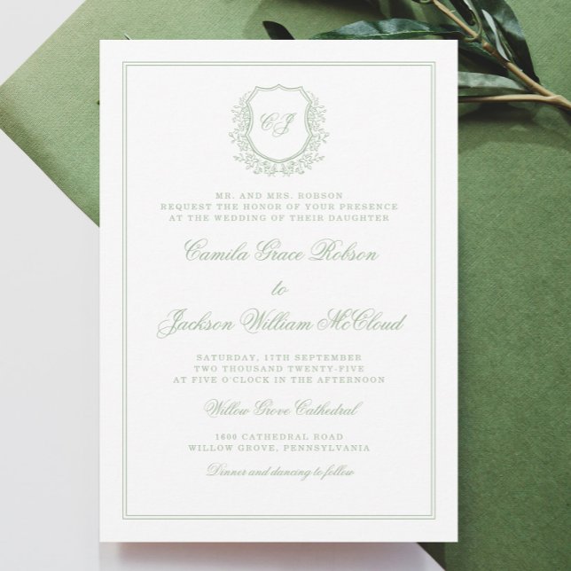 Convites Elegant Monogram Crest Sage Green Wedding (Criador carregado)