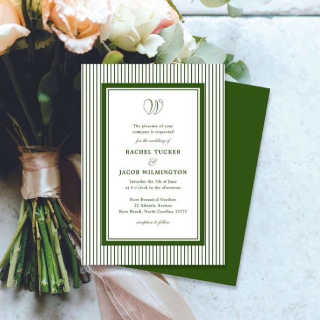 Convites Elegant Monogram Forest Green Striped Wedding (Criador carregado)