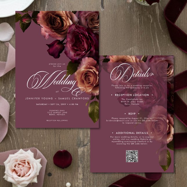 Convites Elegant Moody Rust Burgundy Floral QR Code Wedding (Criador carregado)