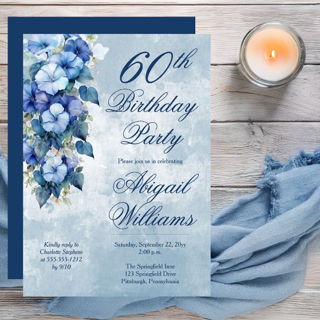 Convites Elegant Morning Glories Blue Floral 60th Birthday  (Boho Elegant Morning Glories Blue Floral 60th Birthday Party Invitation - Print | Digital Download)