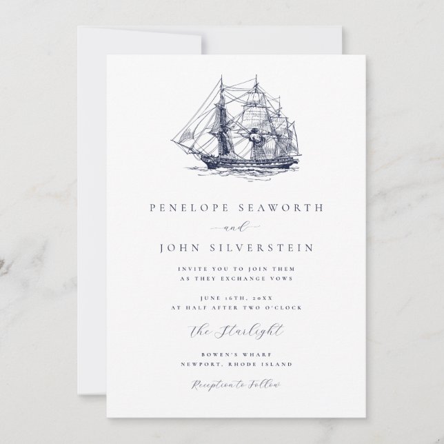 Convites Elegant Nautical Boat Illustration Wedding (Frente)