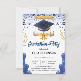 Convites Elegant Navy Blue and Gold Graduation Party 