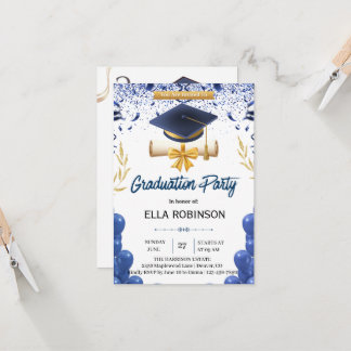 Convites Elegant Navy Blue and Gold Graduation Party 