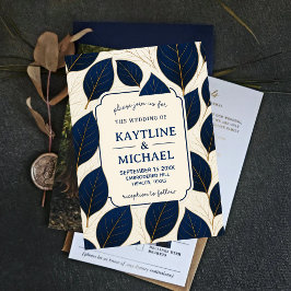 Convites Elegant Navy Blue and Gold Leaf Botanical