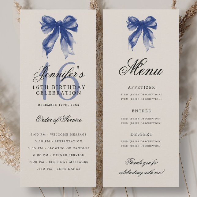 Convites Elegant Navy Blue Bow 16th Birthday Program Menu (Elegant Navy Blue Bow 16th Birthday Program Menu)