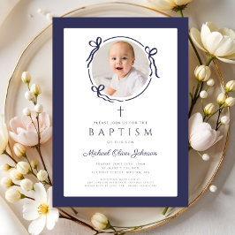 Convites Elegant Navy Blue Bow Photo Baptism