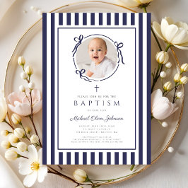Convites Elegant Navy Blue Bow Photo Boy Baptism