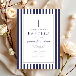 Convites Elegant Navy Blue Cross Boy Baptism